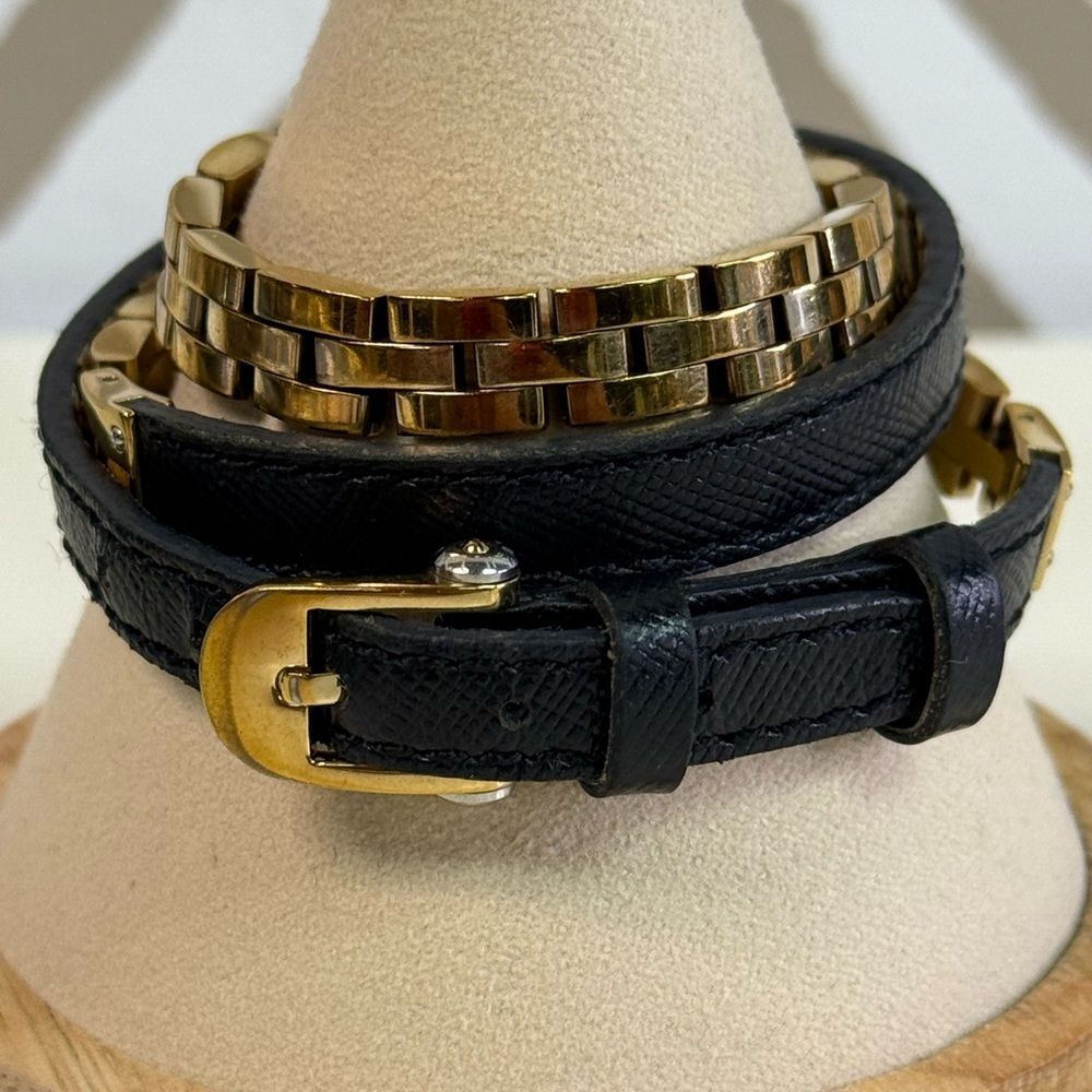 Henri Bendel Black Leather & Gold Chain Link Wrap Bracelet